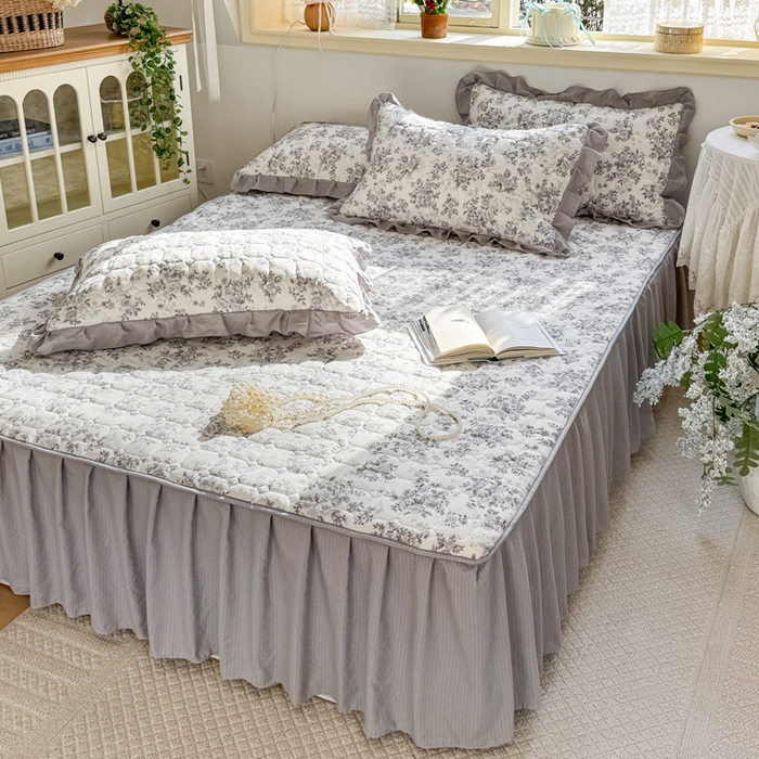 91家纺网 家纺一手货源 找家纺 禧缘家纺（原梦想家） 2026新款小清新皱皱纱木棉床裙式床笠印花四件套 雾迟