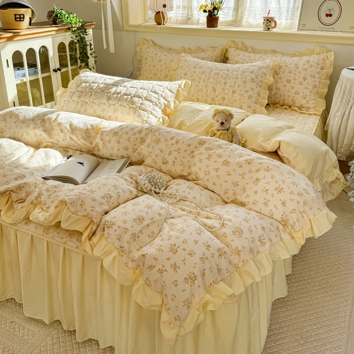 91家纺网 家纺一手货源 找家纺 禧缘家纺（原梦想家） 2026新款小清新皱皱纱木棉床裙式床笠印花四件套 沐春