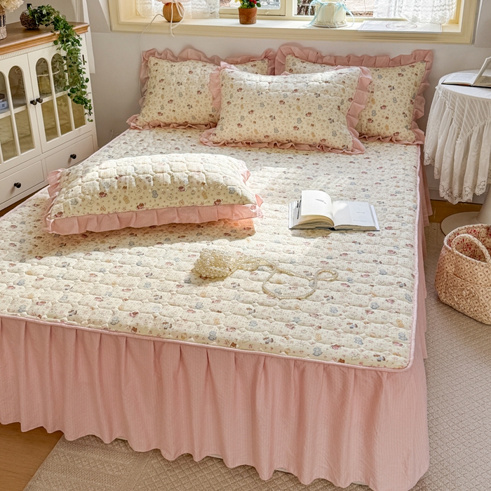 91家纺网 家纺一手货源 找家纺 禧缘家纺（原梦想家） 2026新款小清新皱皱纱木棉床裙式床笠印花四件套 泡芙