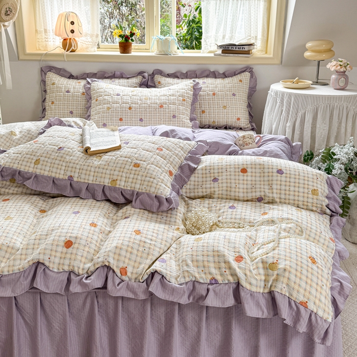 禧缘家纺（原梦想家） 2026新款小清新皱皱纱木棉床裙式床笠印花四件套 南瓜