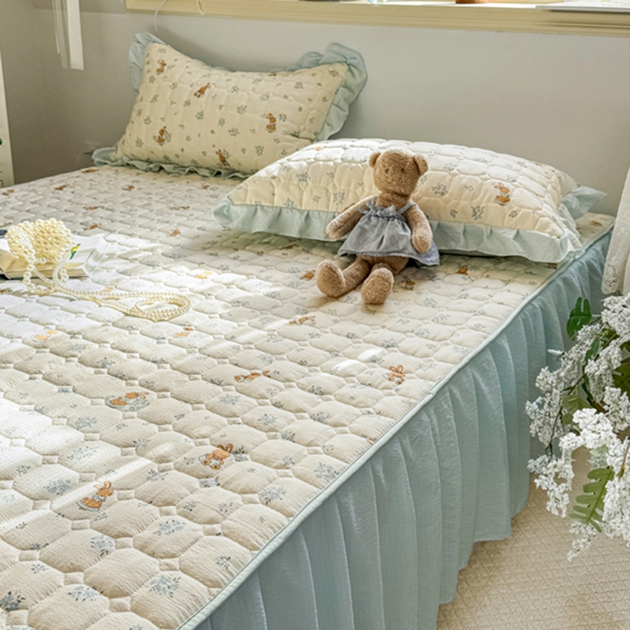 91家纺网 家纺一手货源 找家纺 禧缘家纺（原梦想家） 2026新款小清新皱皱纱木棉床裙式床笠印花四件套 兔兔