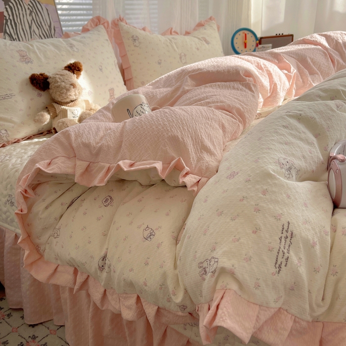 91家纺网 家纺一手货源 找家纺 迪梦姿家纺 2026新款高克重泡芙纱泡泡纱床盖款四件套系列 悦悦小兔