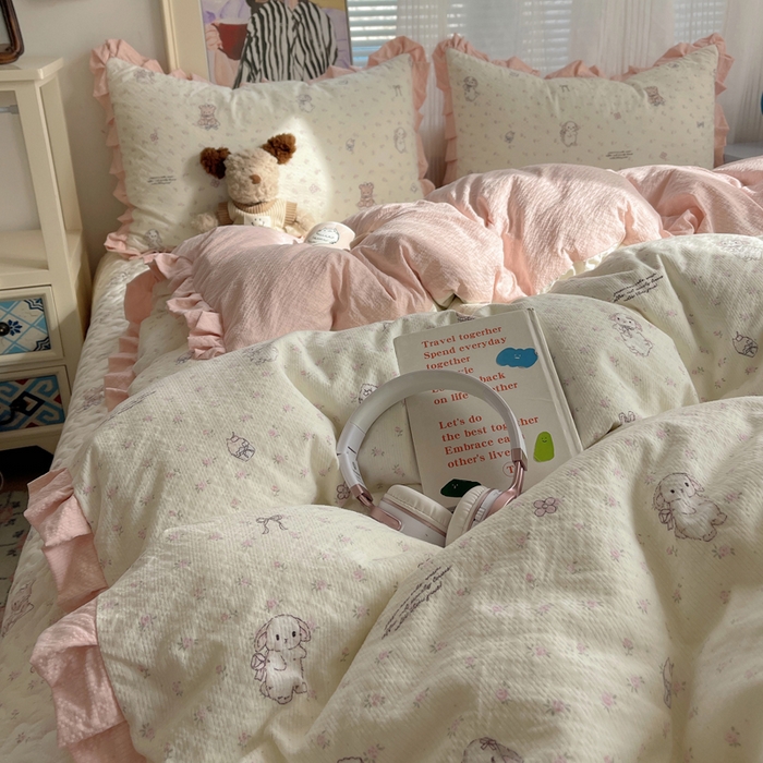 91家纺网 家纺一手货源 找家纺 迪梦姿家纺 2026新款高克重泡芙纱泡泡纱床盖款四件套系列 悦悦小兔