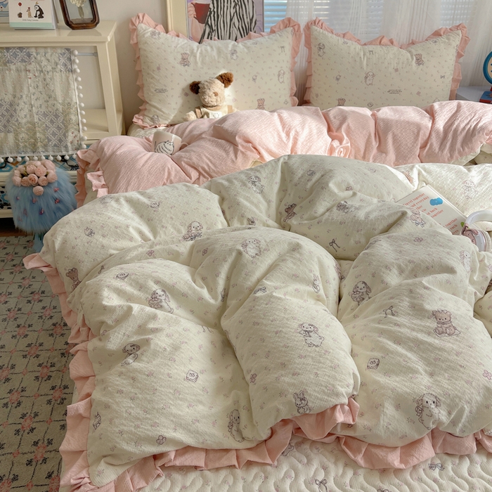 迪梦姿家纺 2026新款高克重泡芙纱泡泡纱床盖款四件套系列 悦悦小兔