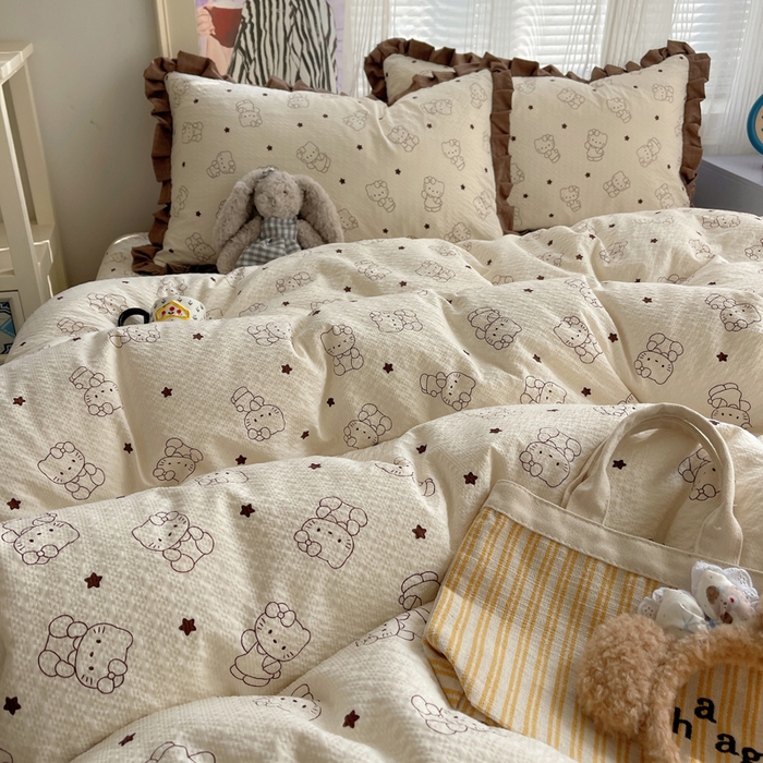 91家纺网 家纺一手货源 找家纺 迪梦姿家纺 2026新款高克重泡芙纱泡泡纱床盖款四件套系列 描线小猫咖