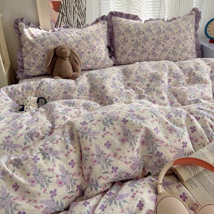 91家纺网 家纺一手货源 找家纺 迪梦姿家纺 2026新款高克重泡芙纱泡泡纱床盖款四件套系列 紫雾花蝶集