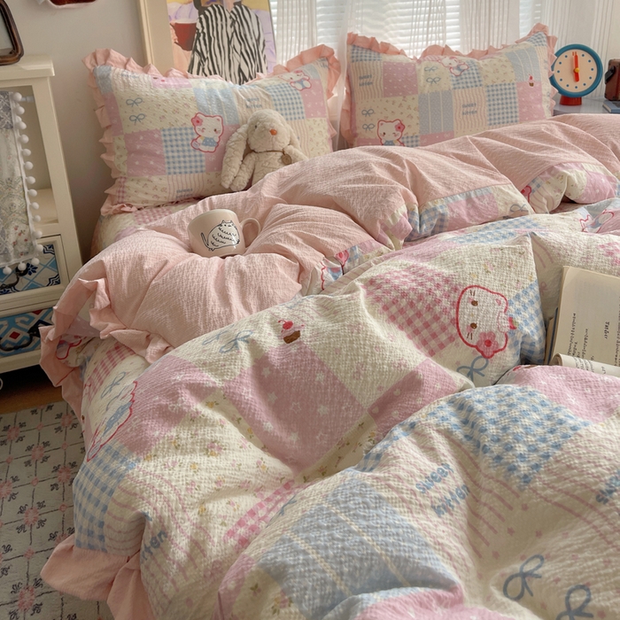 91家纺网 家纺一手货源 找家纺 迪梦姿家纺 2026新款高克重泡芙纱泡泡纱床盖款四件套系列 甜喵块块