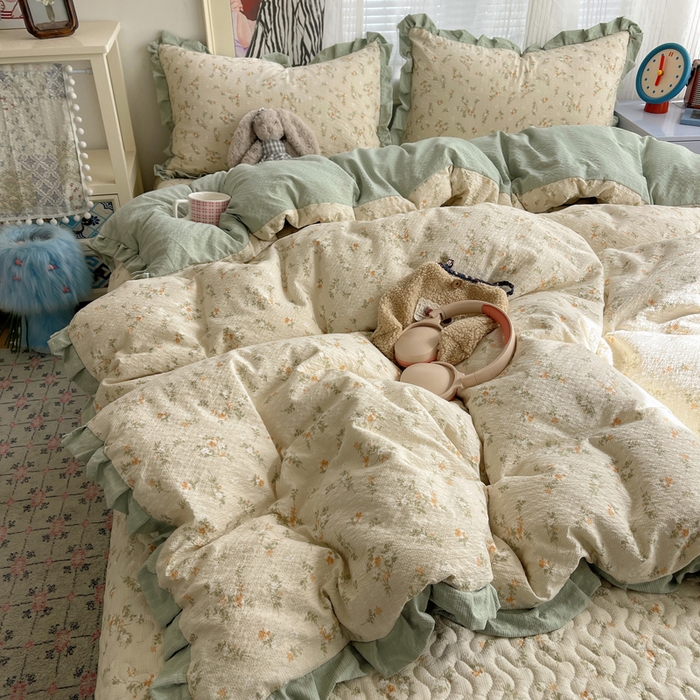 迪梦姿家纺 2026新款高克重泡芙纱泡泡纱床盖款四件套系列 浅沙花影黄