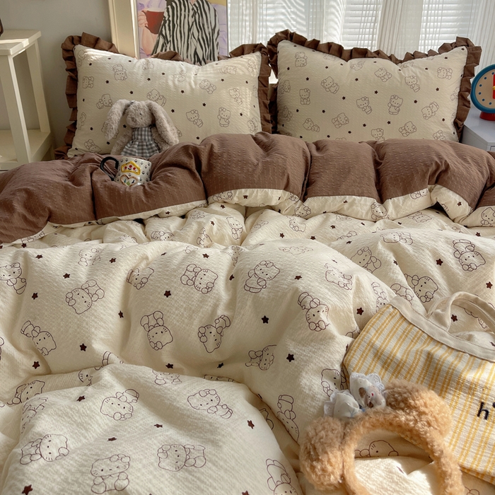 91家纺网 家纺一手货源 找家纺 迪梦姿家纺 2026新款高克重泡芙纱泡泡纱床盖款四件套系列 描线小猫咖