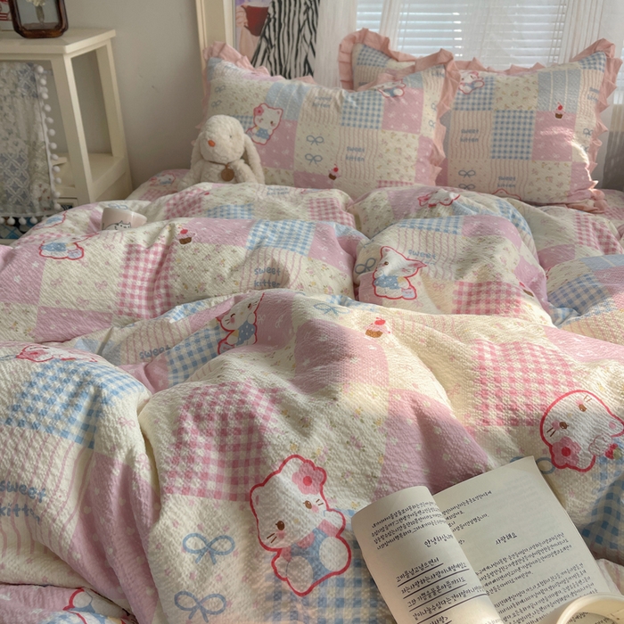 91家纺网 家纺一手货源 找家纺 迪梦姿家纺 2026新款高克重泡芙纱泡泡纱床盖款四件套系列 甜喵块块