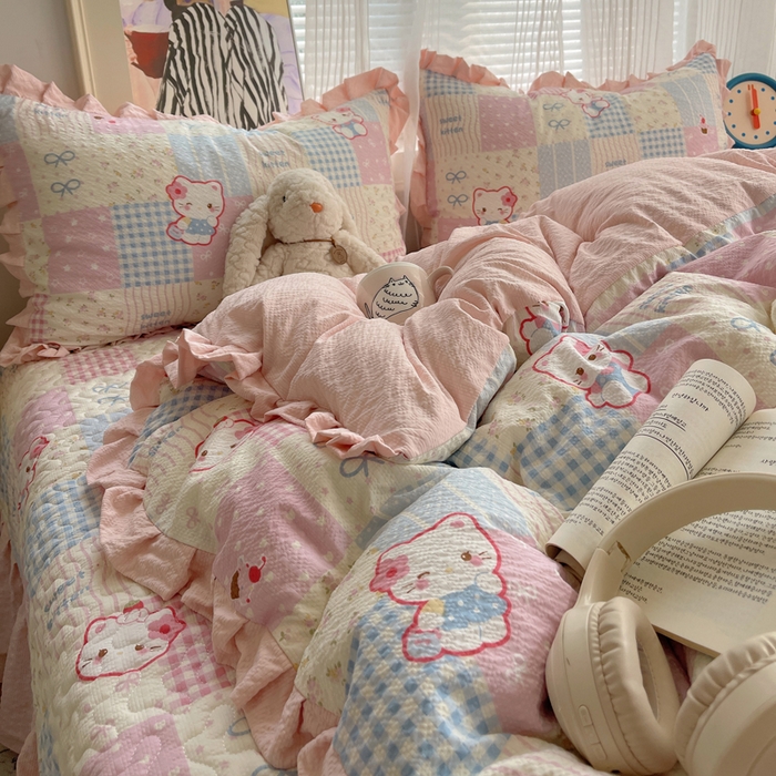 91家纺网 家纺一手货源 找家纺 迪梦姿家纺 2026新款高克重泡芙纱泡泡纱床盖款四件套系列 甜喵块块