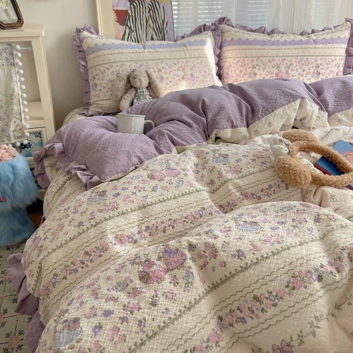 91家纺网 家纺一手货源 找家纺 迪梦姿家纺 2026新款高克重泡芙纱泡泡纱床盖款四件套系列 小兔裙边