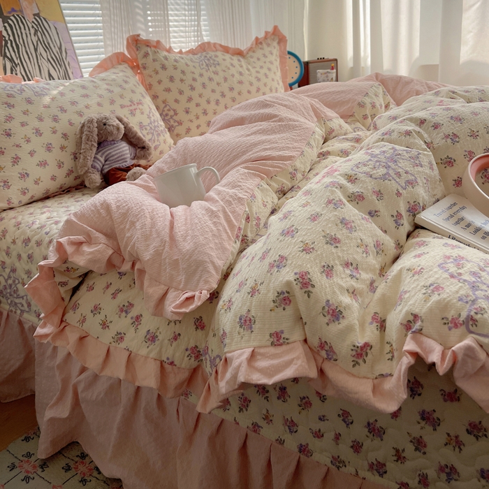 91家纺网 家纺一手货源 找家纺 迪梦姿家纺 2026新款高克重泡芙纱泡泡纱床盖款四件套系列 星野蝴蝶结