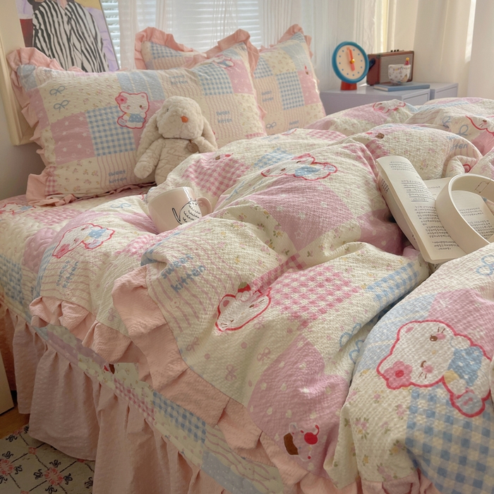 91家纺网 家纺一手货源 找家纺 迪梦姿家纺 2026新款高克重泡芙纱泡泡纱床盖款四件套系列 甜喵块块