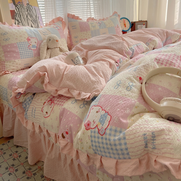 91家纺网 家纺一手货源 找家纺 迪梦姿家纺 2026新款高克重泡芙纱泡泡纱床盖款四件套系列 甜喵块块