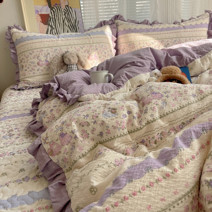 91家纺网 家纺一手货源 找家纺 迪梦姿家纺 2026新款高克重泡芙纱泡泡纱床盖款四件套系列 小兔裙边