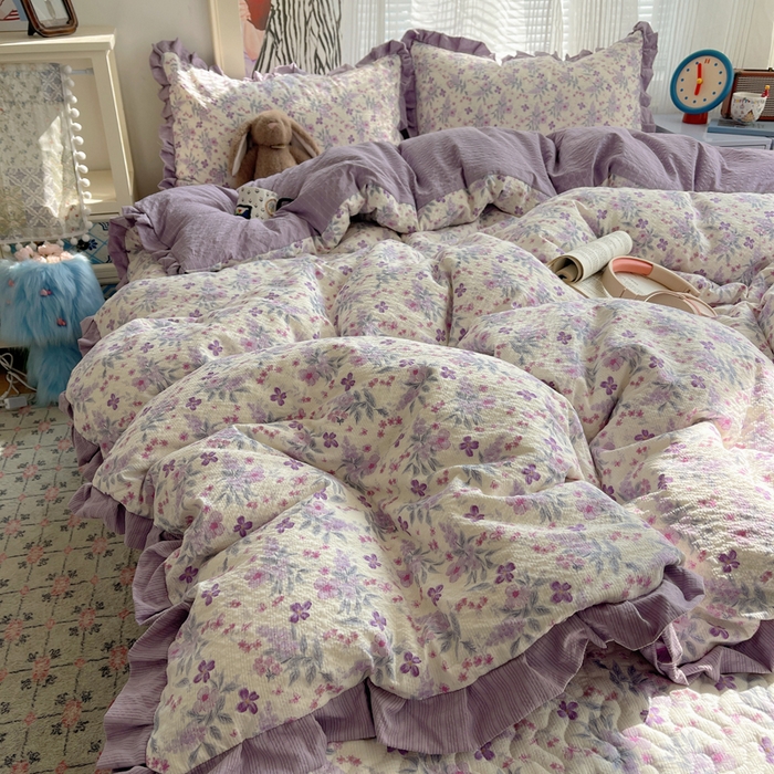 迪梦姿家纺 2026新款高克重泡芙纱泡泡纱床盖款四件套系列 紫雾花蝶集