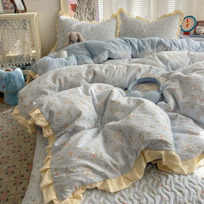 迪梦姿家纺 2026新款高克重泡芙纱泡泡纱床盖款四件套系列 浅沙花影蓝