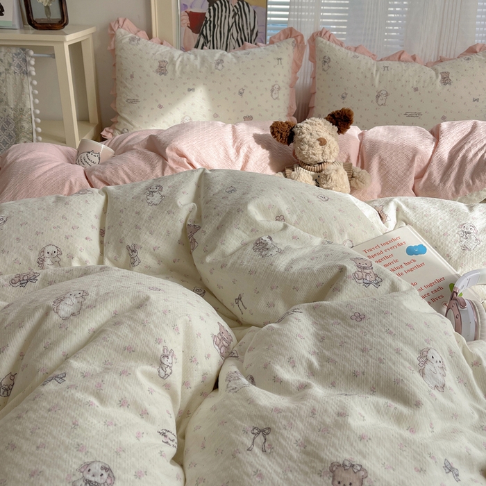 91家纺网 家纺一手货源 找家纺 迪梦姿家纺 2026新款高克重泡芙纱泡泡纱床盖款四件套系列 悦悦小兔