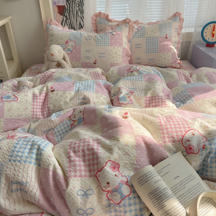 91家纺网 家纺一手货源 找家纺 迪梦姿家纺 2026新款高克重泡芙纱泡泡纱床盖款四件套系列 甜喵块块