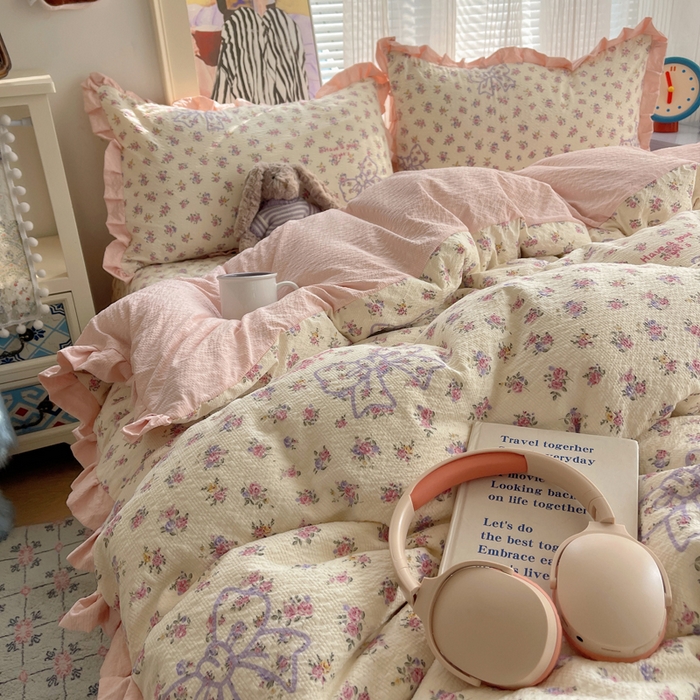 91家纺网 家纺一手货源 找家纺 迪梦姿家纺 2026新款高克重泡芙纱泡泡纱床盖款四件套系列 星野蝴蝶结