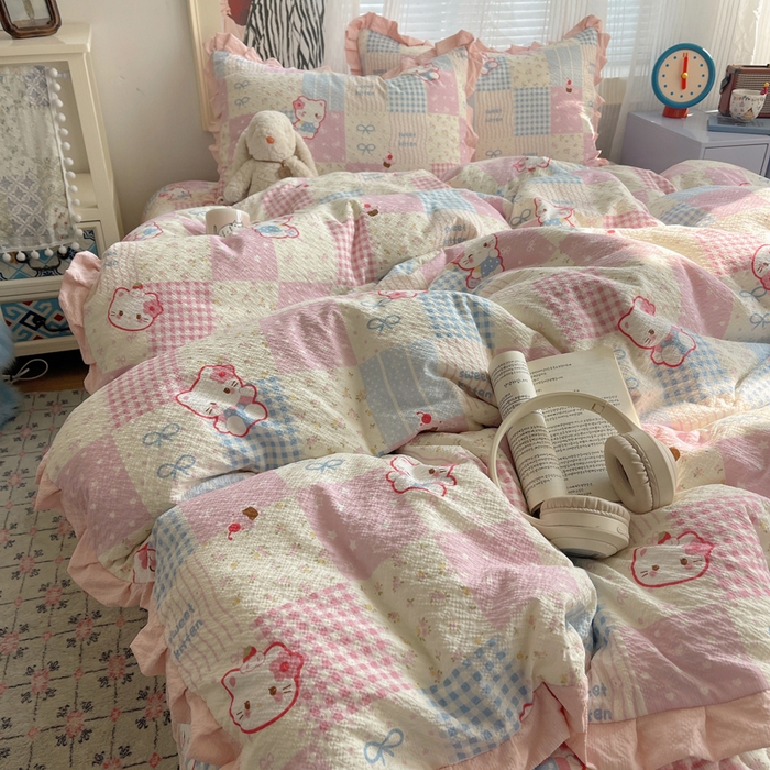 91家纺网 家纺一手货源 找家纺 迪梦姿家纺 2026新款高克重泡芙纱泡泡纱床盖款四件套系列 甜喵块块