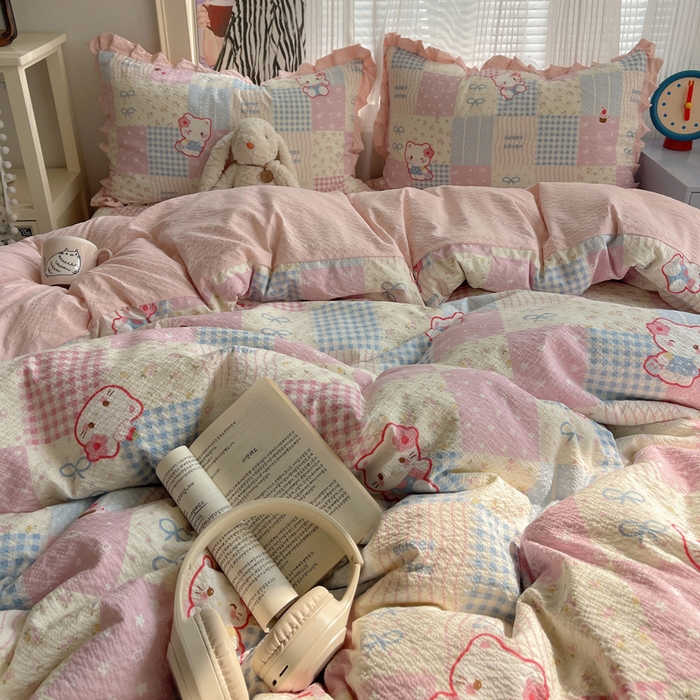 91家纺网 家纺一手货源 找家纺 迪梦姿家纺 2026新款高克重泡芙纱泡泡纱床盖款四件套系列 甜喵块块