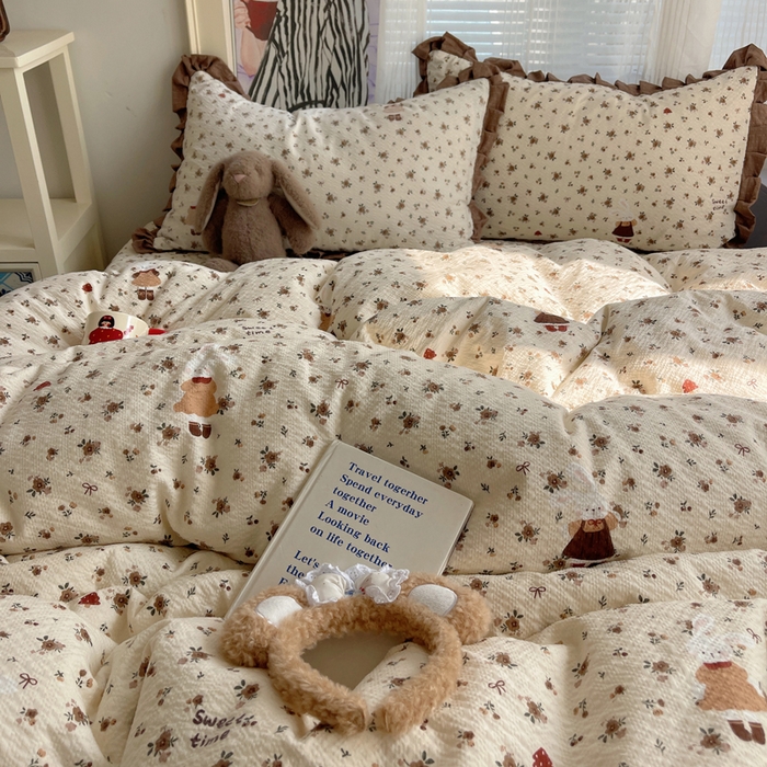 91家纺网 家纺一手货源 找家纺 迪梦姿家纺 2026新款高克重泡芙纱泡泡纱床盖款四件套系列 田园兔