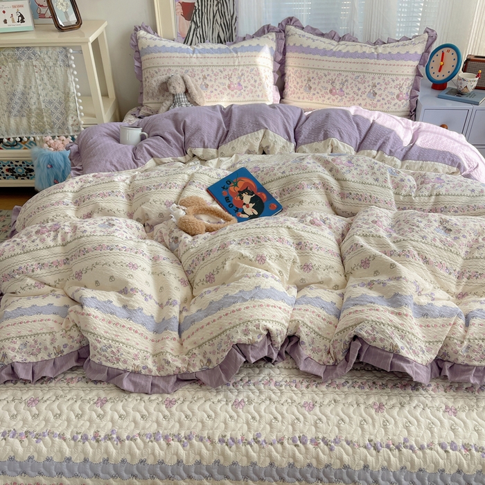 91家纺网 家纺一手货源 找家纺 迪梦姿家纺 2026新款高克重泡芙纱泡泡纱床盖款四件套系列 小兔裙边