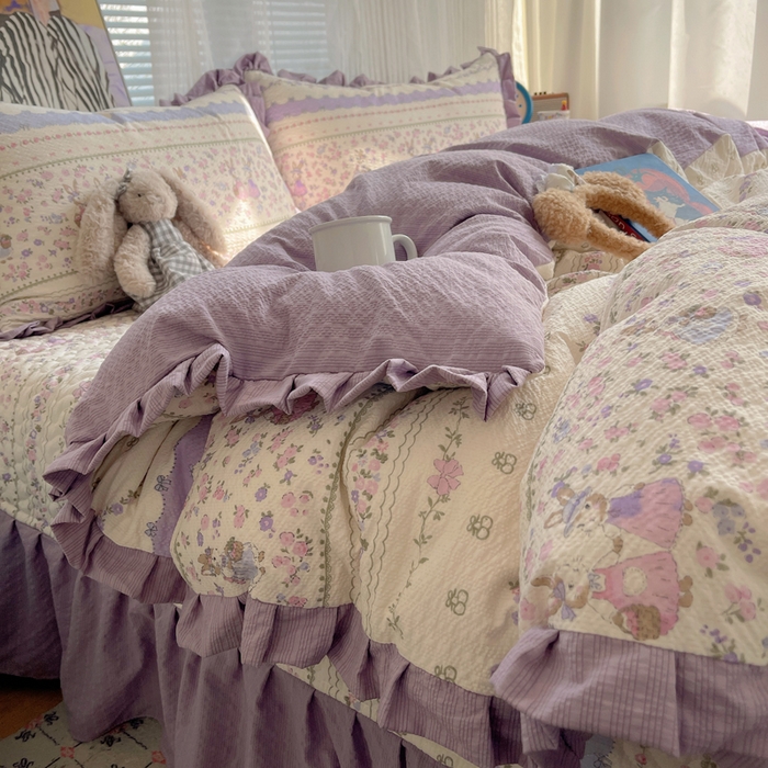 91家纺网 家纺一手货源 找家纺 迪梦姿家纺 2026新款高克重泡芙纱泡泡纱床盖款四件套系列 小兔裙边