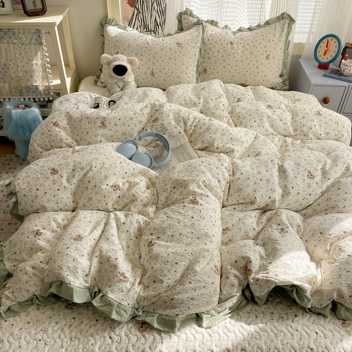 91家纺网 家纺一手货源 找家纺 迪梦姿家纺 2026新款高克重泡芙纱泡泡纱床盖款四件套系列 木马小花团