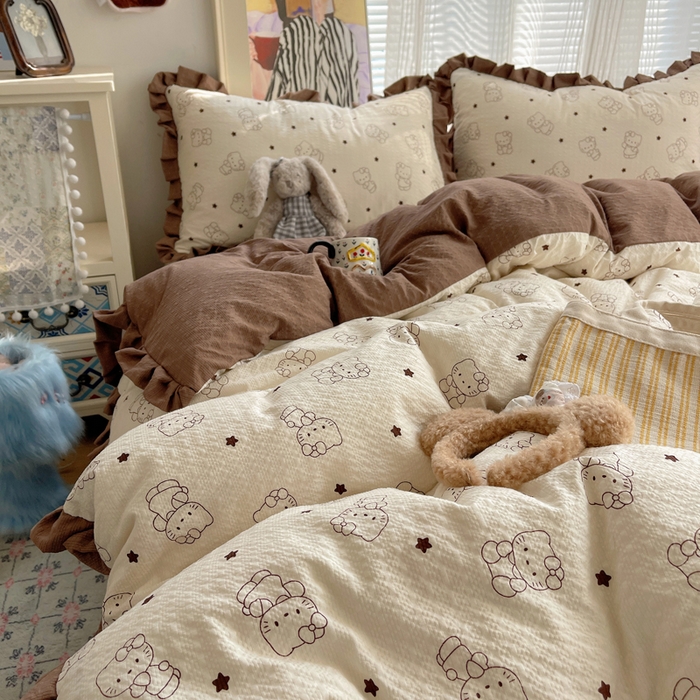 91家纺网 家纺一手货源 找家纺 迪梦姿家纺 2026新款高克重泡芙纱泡泡纱床盖款四件套系列 描线小猫咖