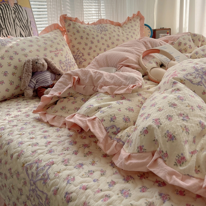 91家纺网 家纺一手货源 找家纺 迪梦姿家纺 2026新款高克重泡芙纱泡泡纱床盖款四件套系列 星野蝴蝶结