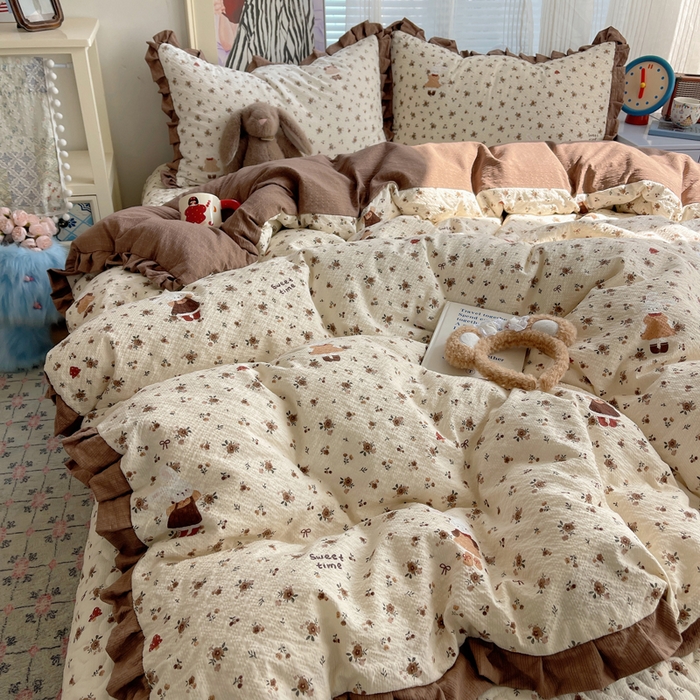 迪梦姿家纺 2026新款高克重泡芙纱泡泡纱床盖款四件套系列 田园兔