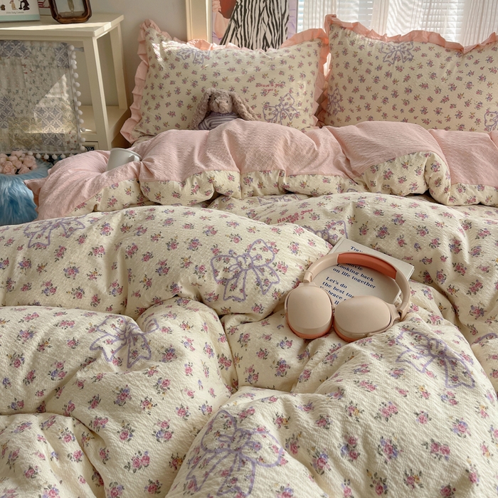 91家纺网 家纺一手货源 找家纺 迪梦姿家纺 2026新款高克重泡芙纱泡泡纱床盖款四件套系列 星野蝴蝶结