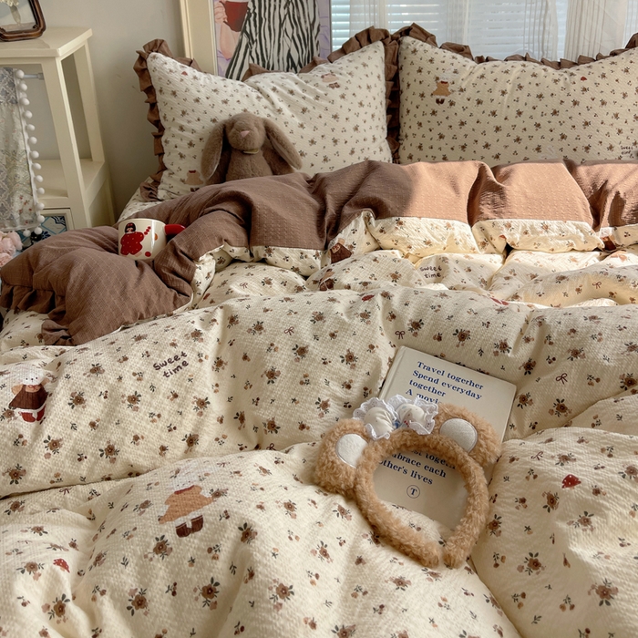 91家纺网 家纺一手货源 找家纺 迪梦姿家纺 2026新款高克重泡芙纱泡泡纱床盖款四件套系列 田园兔