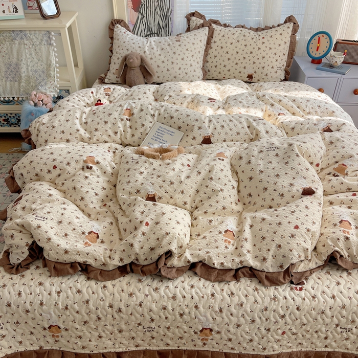 91家纺网 家纺一手货源 找家纺 迪梦姿家纺 2026新款高克重泡芙纱泡泡纱床盖款四件套系列 田园兔