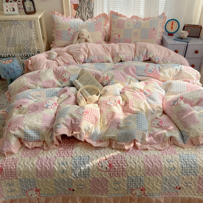 91家纺网 家纺一手货源 找家纺 迪梦姿家纺 2026新款高克重泡芙纱泡泡纱床盖款四件套系列 甜喵块块