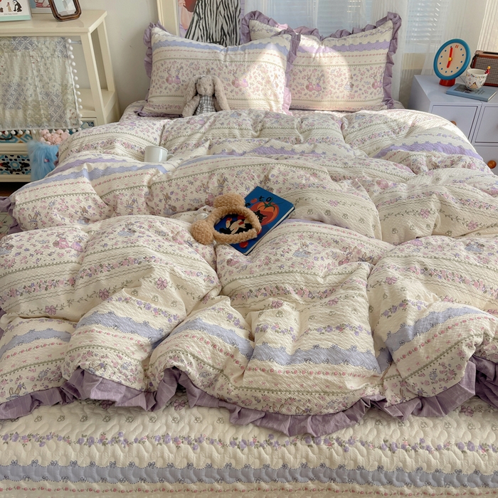 91家纺网 家纺一手货源 找家纺 迪梦姿家纺 2026新款高克重泡芙纱泡泡纱床盖款四件套系列 小兔裙边