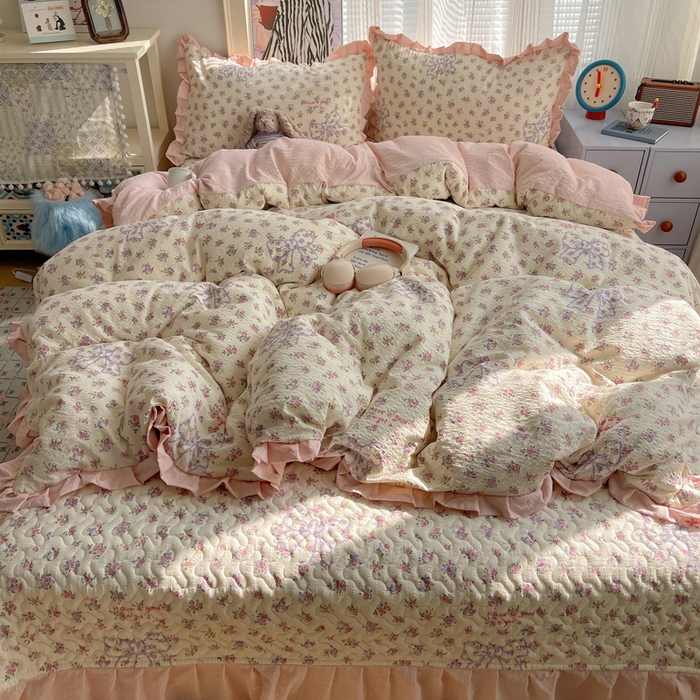 91家纺网 家纺一手货源 找家纺 迪梦姿家纺 2026新款高克重泡芙纱泡泡纱床盖款四件套系列 星野蝴蝶结