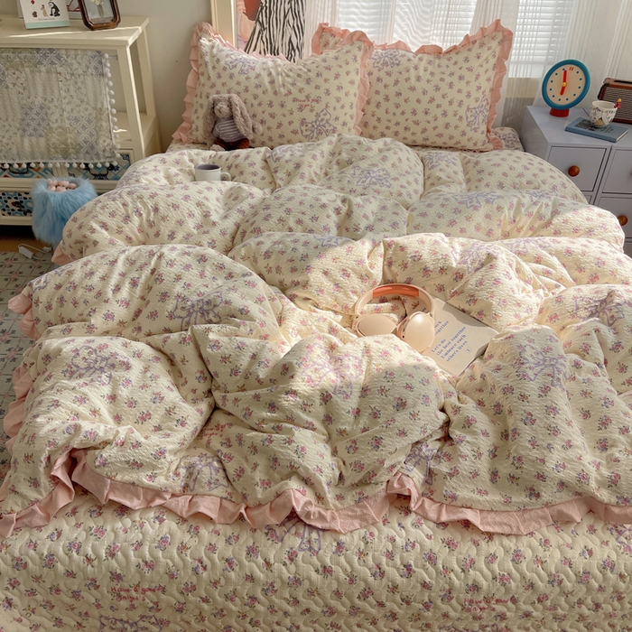 91家纺网 家纺一手货源 找家纺 迪梦姿家纺 2026新款高克重泡芙纱泡泡纱床盖款四件套系列 星野蝴蝶结