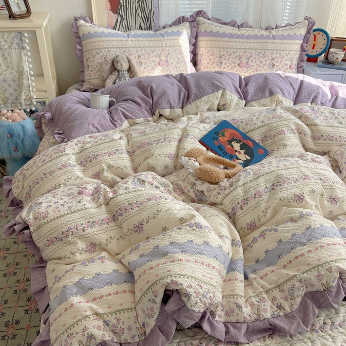 迪梦姿家纺 2026新款高克重泡芙纱泡泡纱床盖款四件套系列 小兔裙边