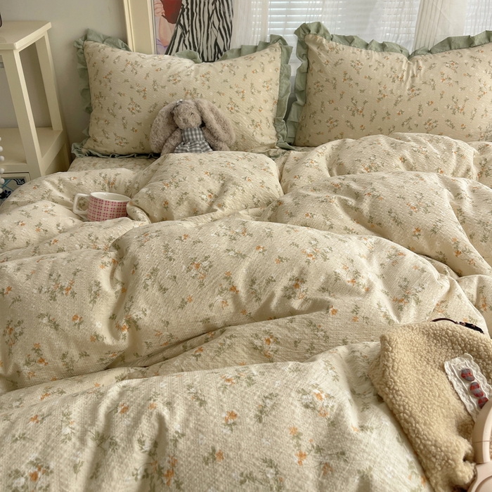 91家纺网 家纺一手货源 找家纺 迪梦姿家纺 2026新款高克重泡芙纱泡泡纱床盖款四件套系列 浅沙花影黄