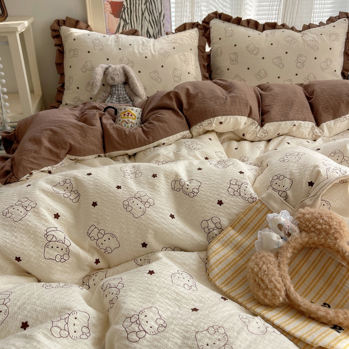 91家纺网 家纺一手货源 找家纺 迪梦姿家纺 2026新款高克重泡芙纱泡泡纱床盖款四件套系列 描线小猫咖