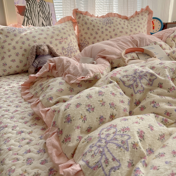 91家纺网 家纺一手货源 找家纺 迪梦姿家纺 2026新款高克重泡芙纱泡泡纱床盖款四件套系列 星野蝴蝶结