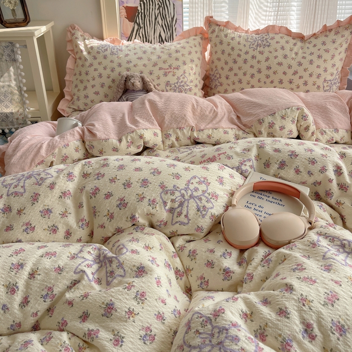 91家纺网 家纺一手货源 找家纺 迪梦姿家纺 2026新款高克重泡芙纱泡泡纱床盖款四件套系列 星野蝴蝶结