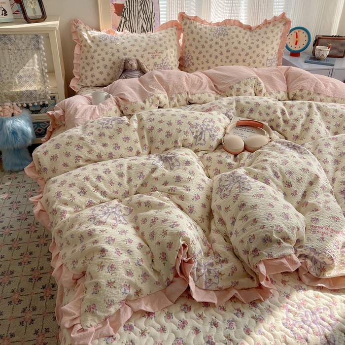 91家纺网 家纺一手货源 找家纺 迪梦姿家纺 2026新款高克重泡芙纱泡泡纱床盖款四件套系列 星野蝴蝶结