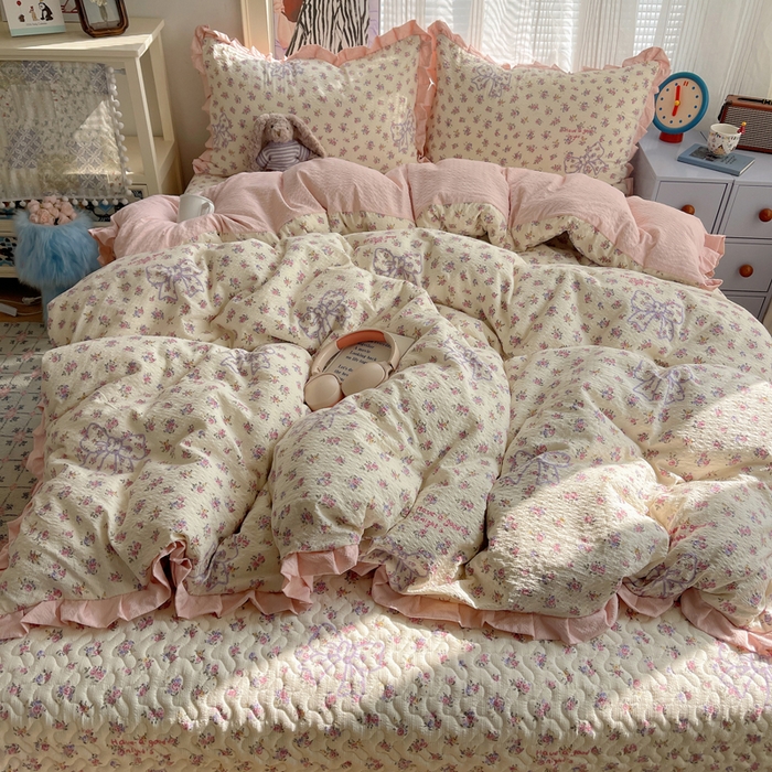 91家纺网 家纺一手货源 找家纺 迪梦姿家纺 2026新款高克重泡芙纱泡泡纱床盖款四件套系列 星野蝴蝶结