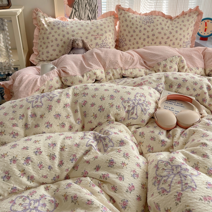 91家纺网 家纺一手货源 找家纺 迪梦姿家纺 2026新款高克重泡芙纱泡泡纱床盖款四件套系列 星野蝴蝶结