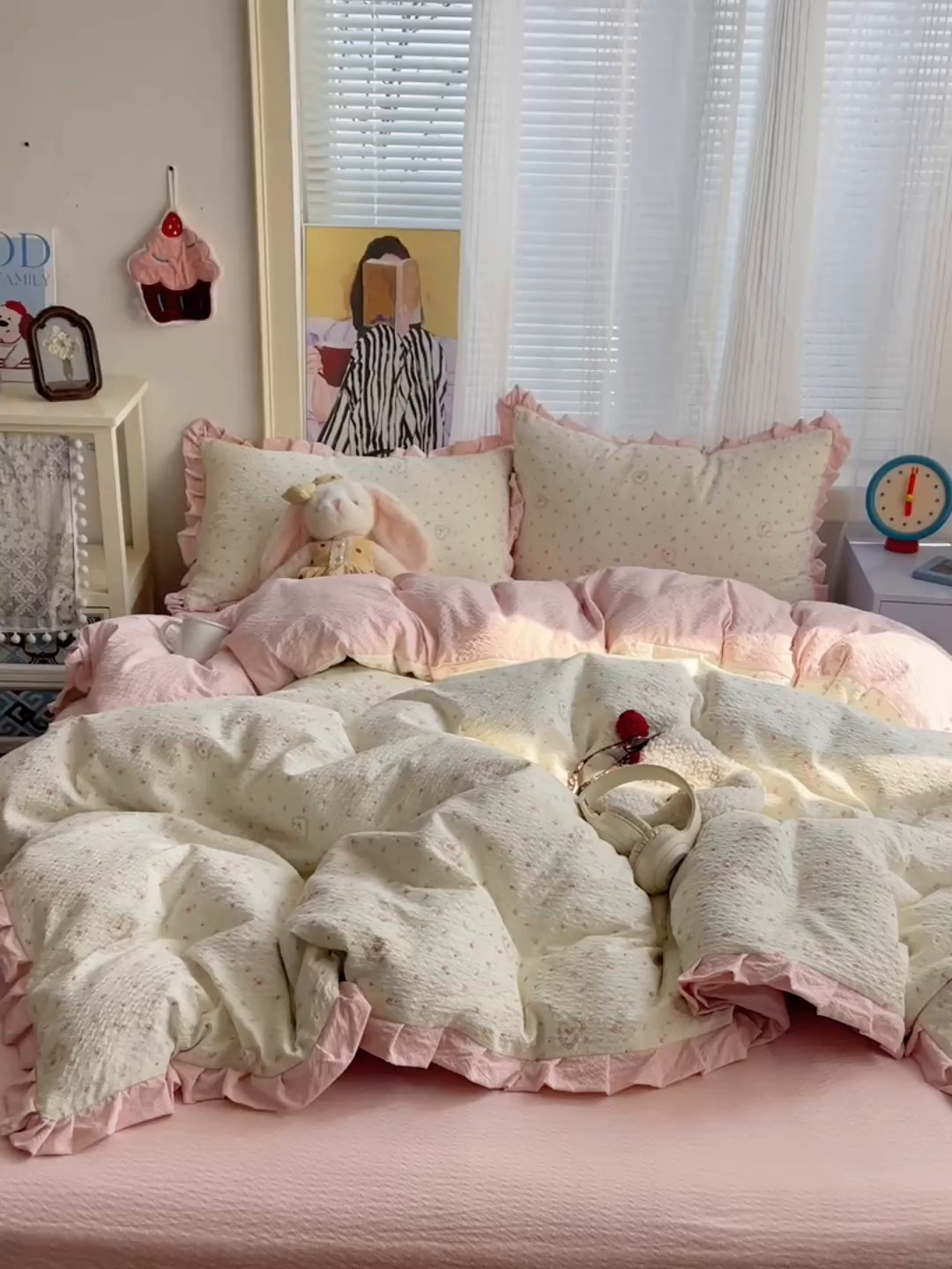 91家纺网 家纺一手货源 找家纺 迪梦姿家纺 2026新款高克重泡芙纱泡泡纱床盖款四件套系列 春日甜桃心米